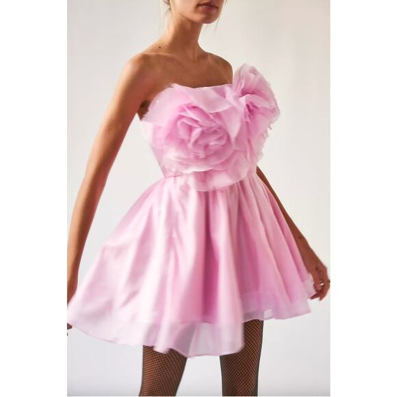 Bardot Pink Fleurette Flower Appliques Strapless Mini Dress Fit & Flare Size 6 - Picture 1 of 10